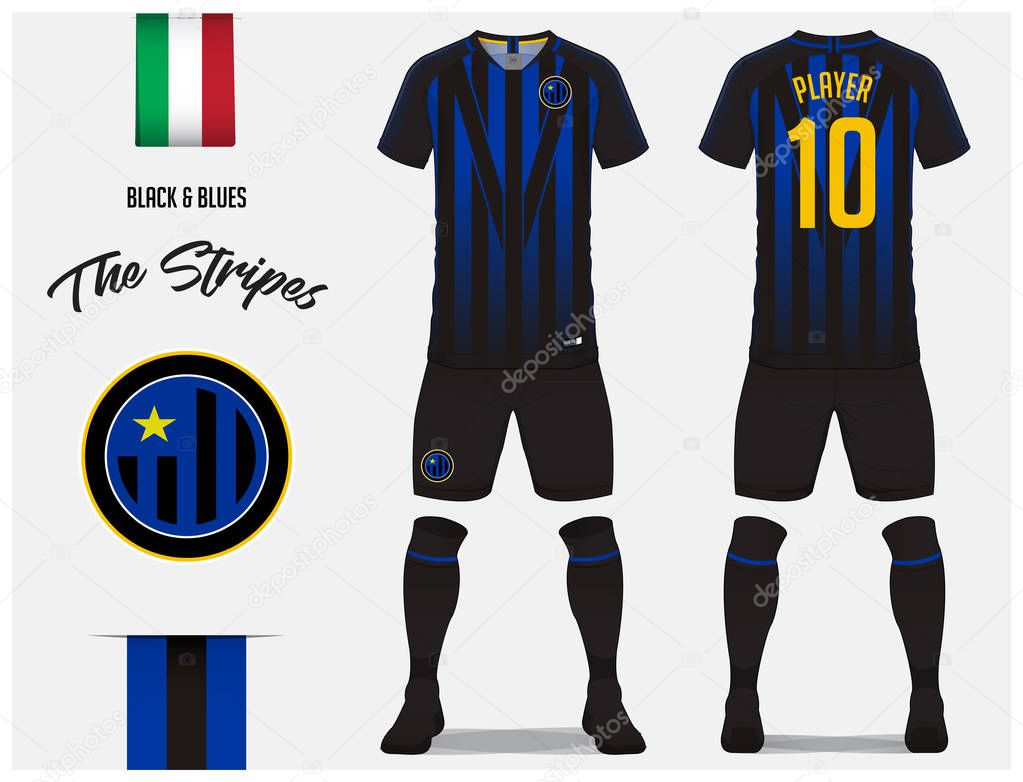 Soccer jersey or football kit template for football club. Blue and black stripe football shirt with sock and blue shorts mock up. Front and back view soccer uniform. Football logo and Flag label. Vector Illustration.