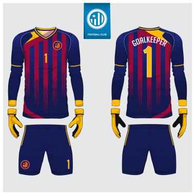 Kaleci jersey ya da futbol takımı, uzun kollu jersey, kaleci eldiveni şablon tasarımı. Spor t-shirt alay et. Ön ve arka futbol Tekdüzen görüntüleyin. Düz futbol logo etiket. Vektör çizim.