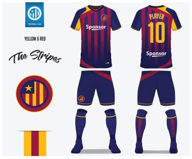 Futbol kulübü futbol jersey veya futbol takımı şablonu. Kırmızı ve mavi şerit futbol forması ile çorap ve mavi şort kadar sahte. Ön ve arka futbol Tekdüzen görüntüleyin. Futbol logo tasarımı. Vektör çizim.
