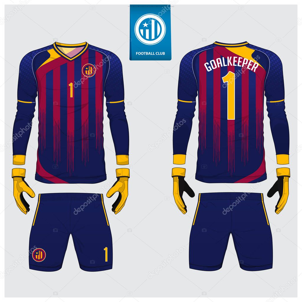 Goalkeeper jersey or soccer kit, long sleeve jersey, goalkeeper glove template design. Sport t-shirt mock up. Front and back view football uniform. Flat football logo label. Vector Illustration.