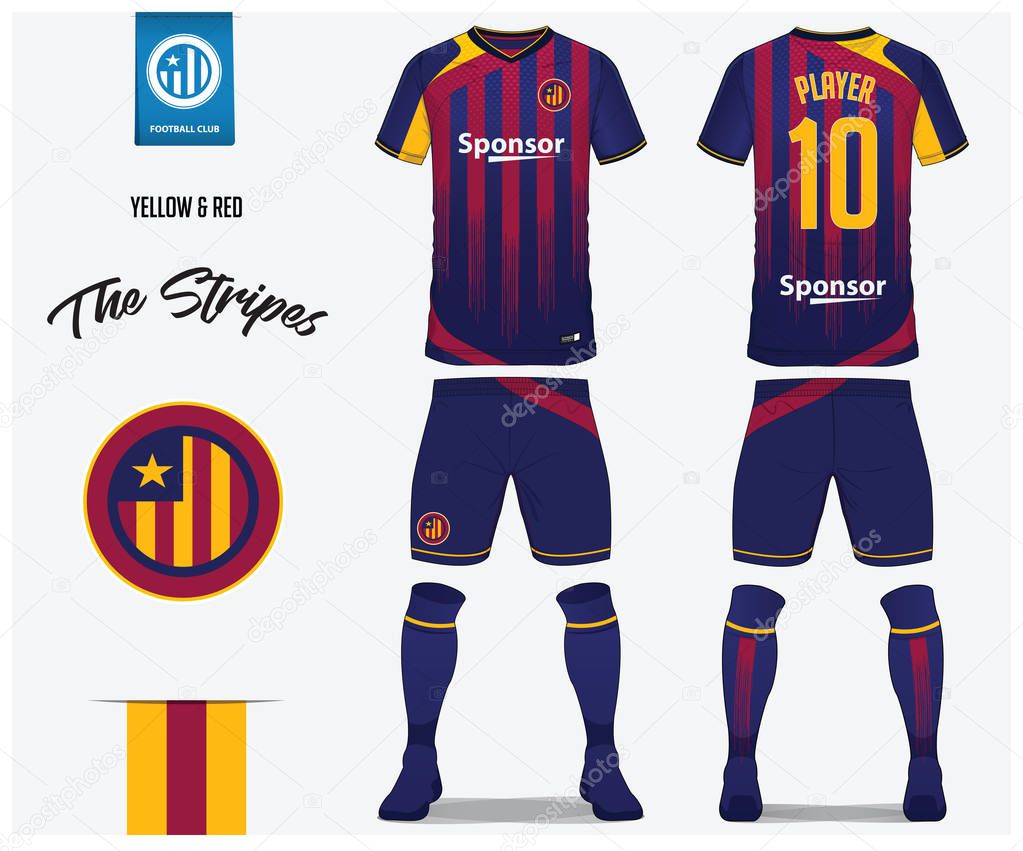Soccer jersey or football kit template for football club. Red and blue stripe football shirt with sock and blue shorts mock up. Front and back view soccer uniform. Football logo design. Vector Illustration.