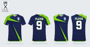 Blue and green T-shirt sport design template for soccer jersey, football kit and tank top for basketball jersey. Sport uniform in front and back view. Sport shirt mock up for sport club. Vector Illustration. clipart