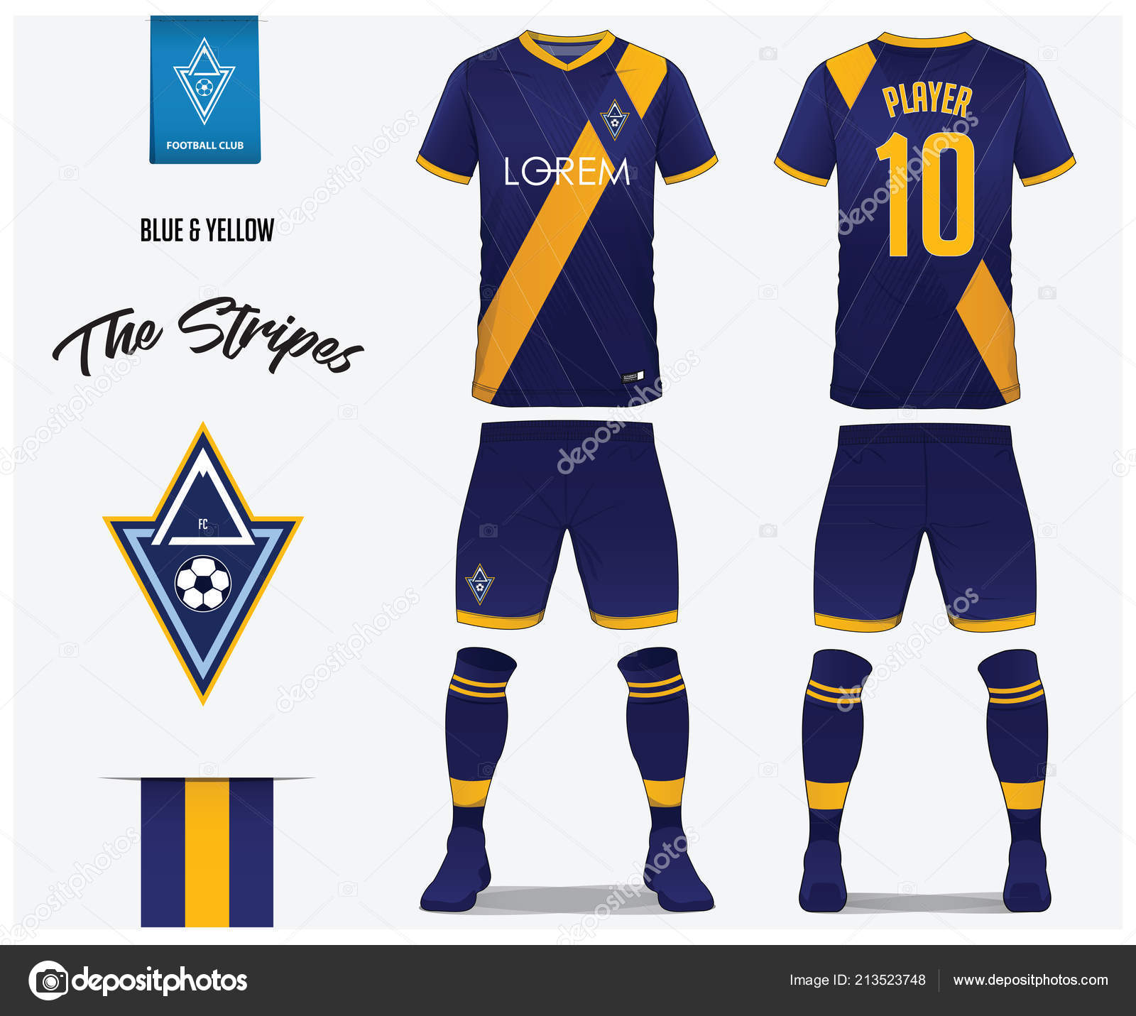 Download Soccer Jersey Or Football Kit Template For Football Club Blue And Yellow Stripe Football Shirt With Sock And Blue Shorts Mock Up Front And Back View Soccer Uniform Football Logo Design Vector