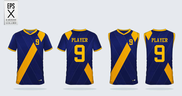 Blue and yellow T-shirt sport design template for soccer jersey, football kit and tank top for basketball jersey. Sport uniform in front and back view. Sport shirt mock up for sport club. Vector Illustration.