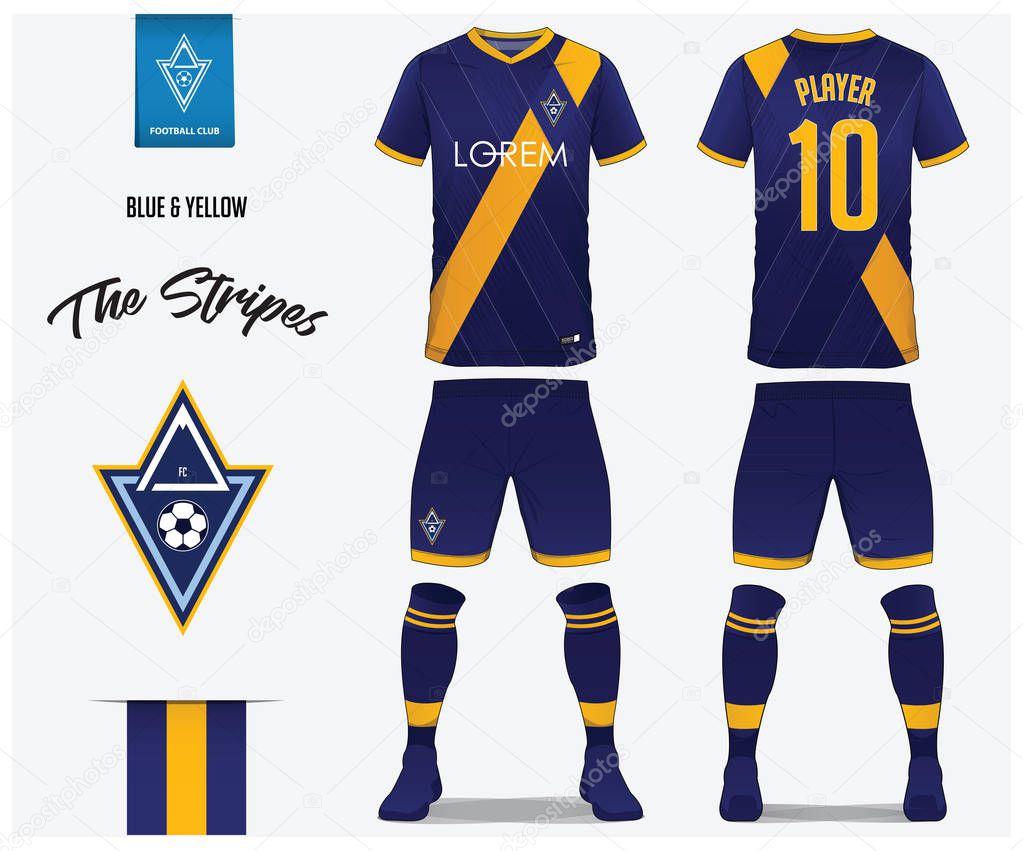 Soccer jersey or football kit template for football club. Blue and yellow stripe football shirt with sock and blue shorts mock up. Front and back view soccer uniform. Football logo design. Vector Illustration.