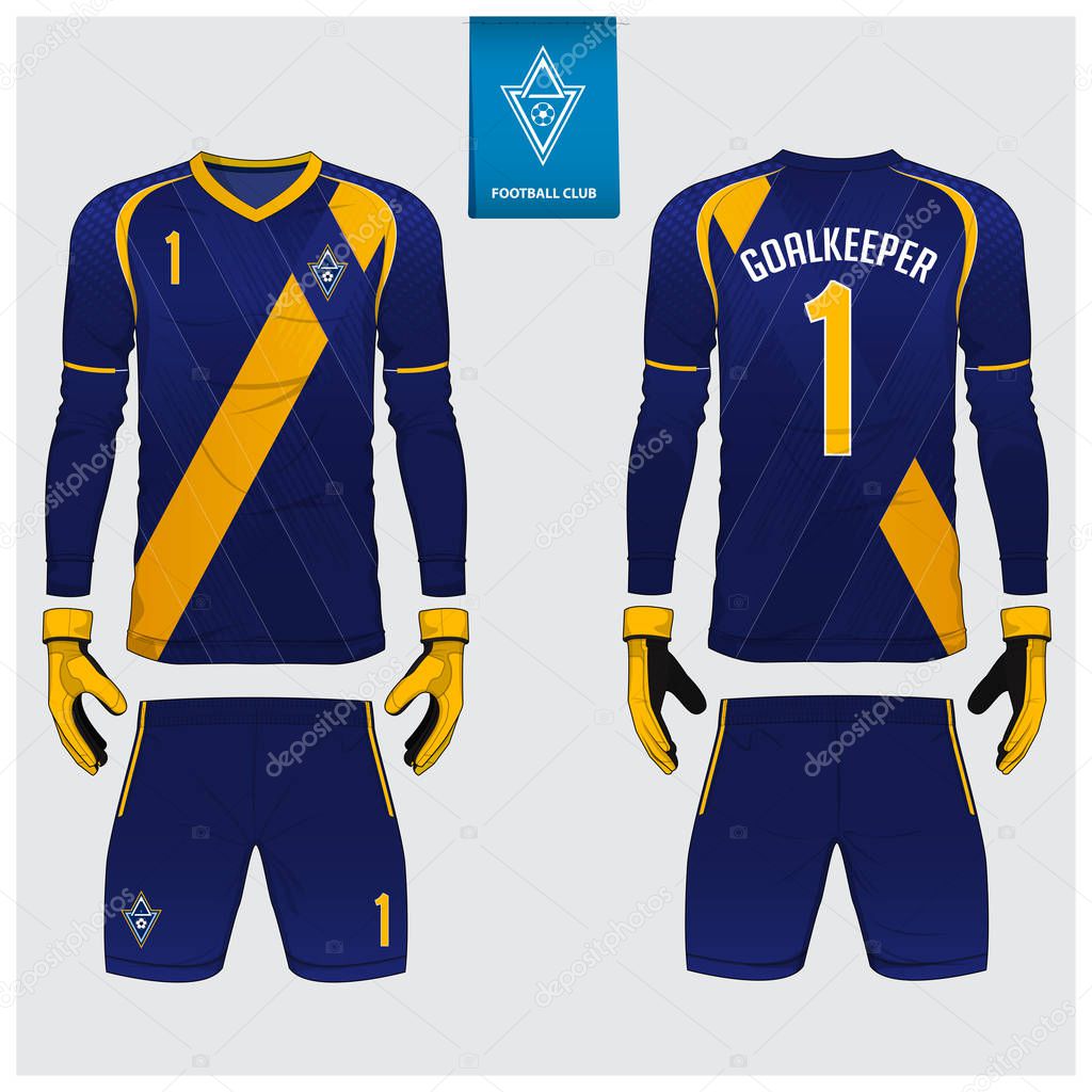 Goalkeeper jersey or soccer kit, long sleeve jersey, goalkeeper glove template design. Sport t-shirt mock up. Front and back view football uniform. Flat football logo label. Vector Illustration.