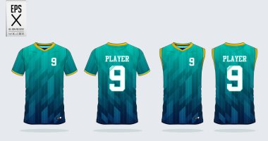 Mavi ve yeşil degrade T-shirt spor tasarım şablonu futbol forma, futbol takımı. Tank top basketbol forması için. Spor üniforma ön ve arkadan görünüm. Spor gömlek spor kulübü için sahte. Vektör çizim.
