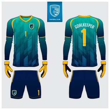 Kaleci jersey ya da futbol takımı, uzun kollu jersey, kaleci eldiveni şablon tasarımı. Mavi ve yeşil degrade spor t-shirt sahte kadar. Ön ve arka futbol Tekdüzen görüntüleyin. Düz futbol logo etiket. Vektör çizim.