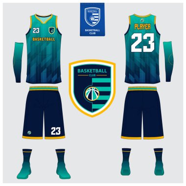 Basketball uniform or sport jersey, shorts, socks template for basketball club. Front and back view sport t-shirt design. Tank top t-shirt mock up with basketball flat logo design. Vector Illustration. clipart