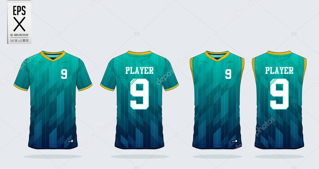 Blue and green gradient T-shirt sport design template for soccer jersey, football kit. Tank top for basketball jersey. Sport uniform in front and back view. Sport shirt mock up for sport club. Vector Illustration.