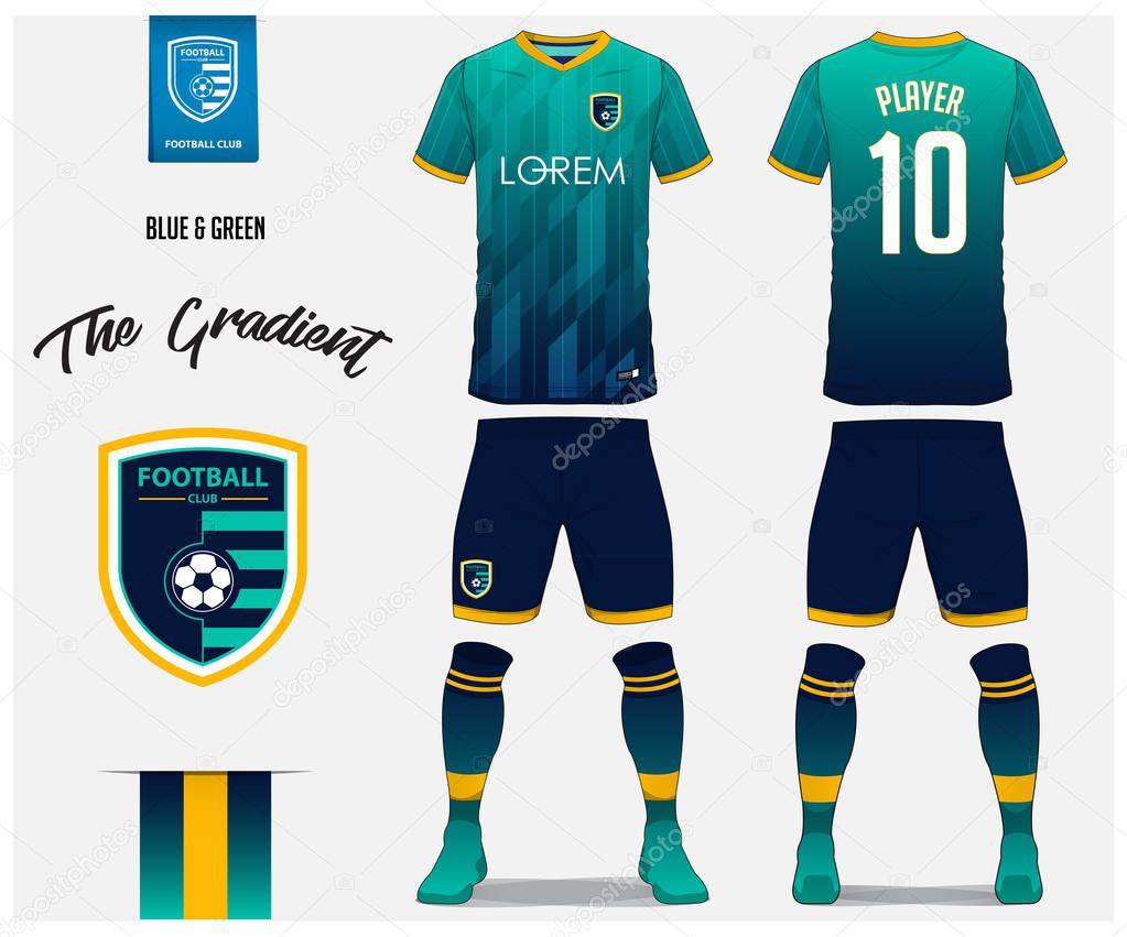 Soccer jersey or football kit template for football club. Blue and green gradient football shirt with sock and blue shorts mock up. Front and back view soccer uniform. Football logo design. Vector Illustration.