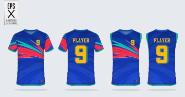 Blue gradient T-shirt sport design template for soccer jersey, football kit. Tank top for basketball jersey. Sport uniform in front and back view. Sport shirt mock up for sport club. Vector Illustration. clipart