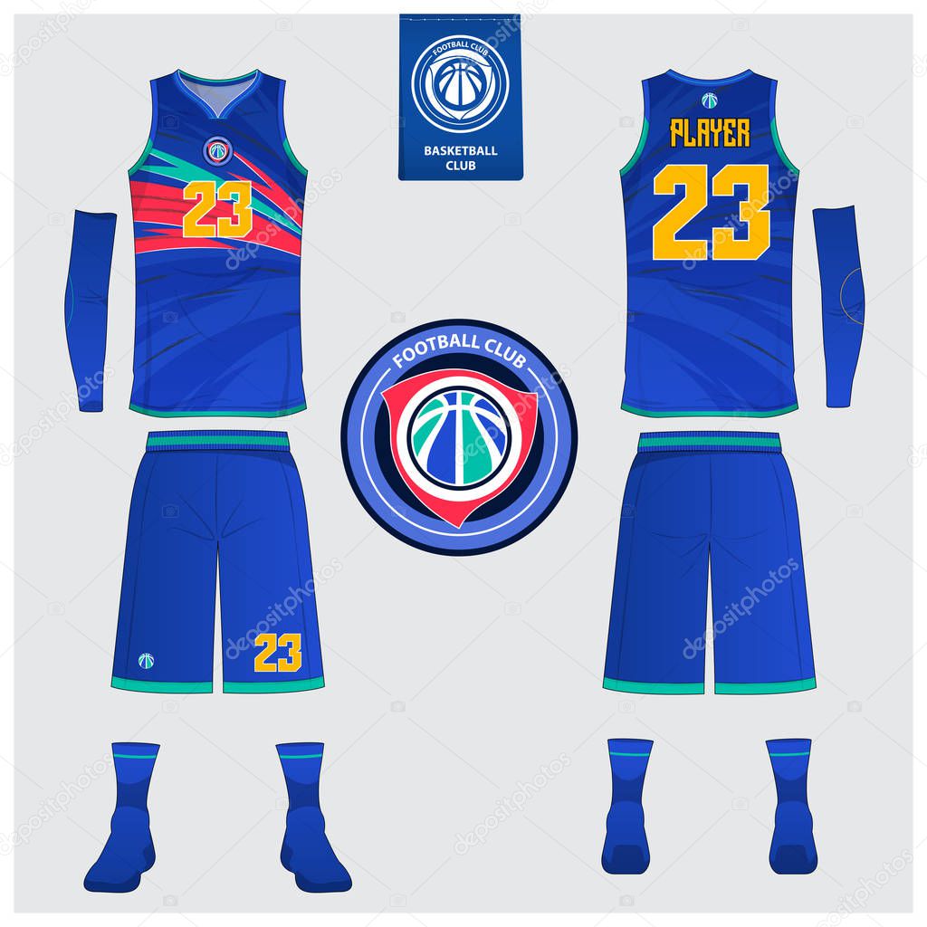 Basketball uniform or sport jersey, shorts, socks template for basketball club. Front and back view sport t-shirt design. Tank top t-shirt mock up with basketball flat logo design. Vector Illustration.