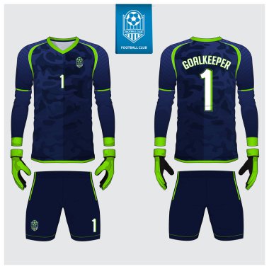 Kaleci jersey ya da futbol takımı, uzun kollu gömlek, kaleci eldiveni şablon tasarımı. Mavi kamuflaj degrade spor t-shirt sahte. Ön ve arka futbol Tekdüzen görüntüleyin. Düz futbol logosu. Vektör.
