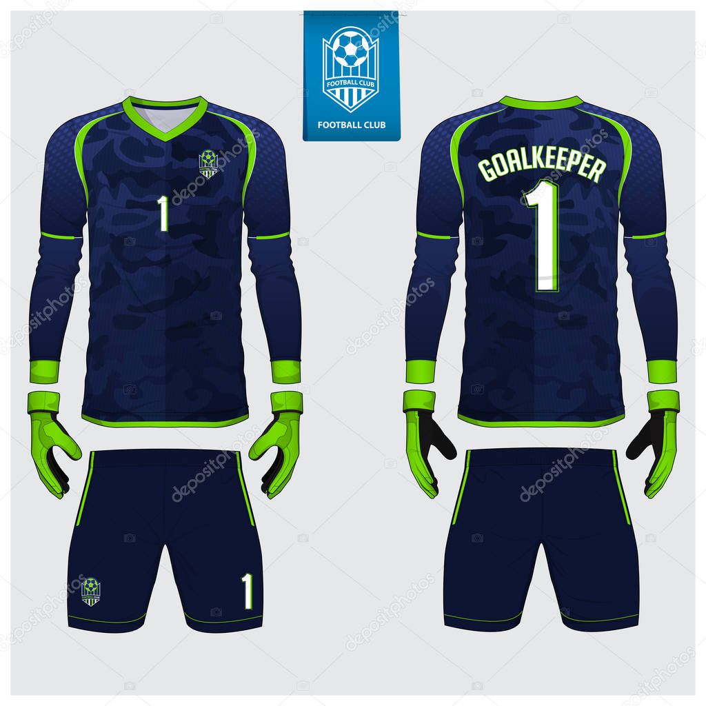 Goalkeeper jersey or soccer kit, long sleeve shirt, goalkeeper glove template design. Blue camouflage gradient sport t-shirt mock up. Front and back view football uniform. Flat football logo. Vector.
