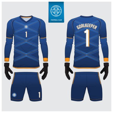 Kaleci jersey ya da futbol takımı, uzun kollu gömlek, kaleci eldiveni şablon tasarımı. Degrade spor t-shirt sahte kadar mavi. Ön ve arka futbol Tekdüzen görüntüleyin. Düz futbol logosu. Vektör.