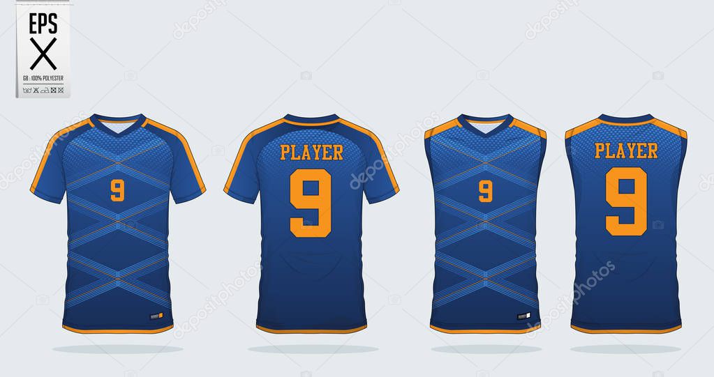 Blue gradient t-shirt sport design template for soccer jersey, football kit. Tank top for basketball jersey. Sport uniform in front and back view. Sport shirt mock up for sport club. Vector Illustration.