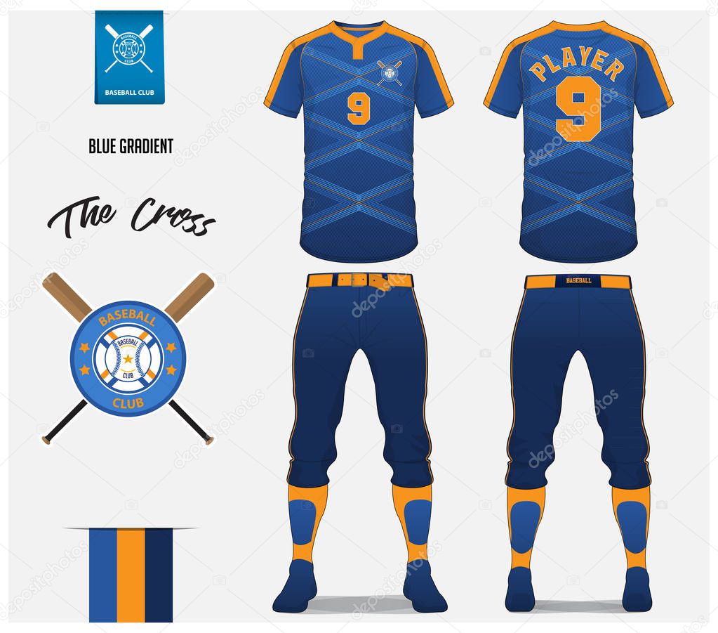 Baseball jersey, pants and socks template design. Blue gradient and cross stripe baseball uniform t-shirt mock up. Raglan t-shirt sport in front and back view. Flat baseball logo design. Vector Illustration.