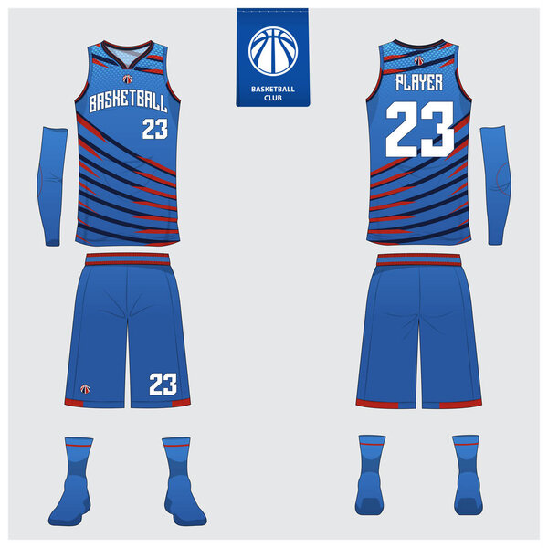 Basketball uniform or sport jersey, shorts, socks template for basketball club. Front and back view sport t-shirt design. Tank top t-shirt mock up with basketball flat logo design. Vector Illustration.
