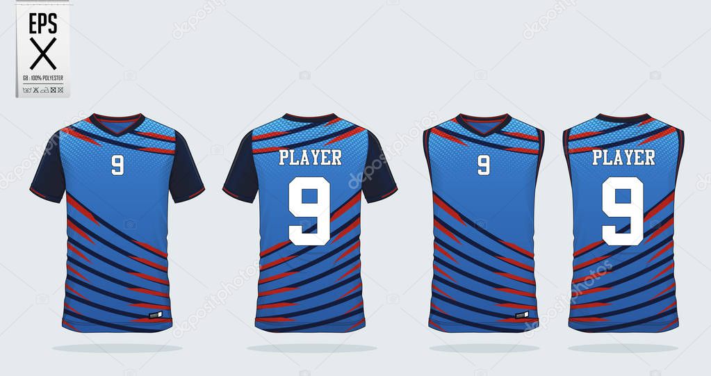 Blue t-shirt sport design template for soccer jersey, football kit. Tank top for basketball jersey. Sport uniform in front and back view. Sport shirt mock up for sport club. Vector Illustration.