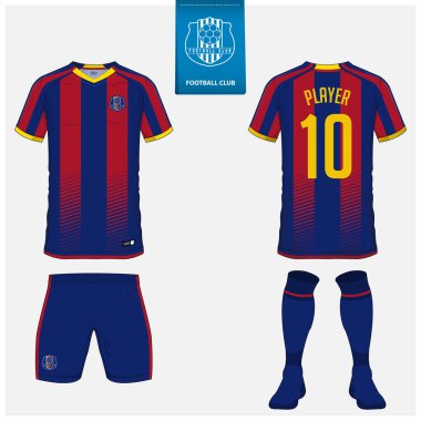 Futbol jersey veya futbol takımı, şort, çorap şablon tasarım spor kulübü için. Futbol t-shirt alay et. Ön ve arka futbol Tekdüzen görüntüleyin. Futbol logo tasarımı mavi etiket üzerinde düz. Vektör çizim.