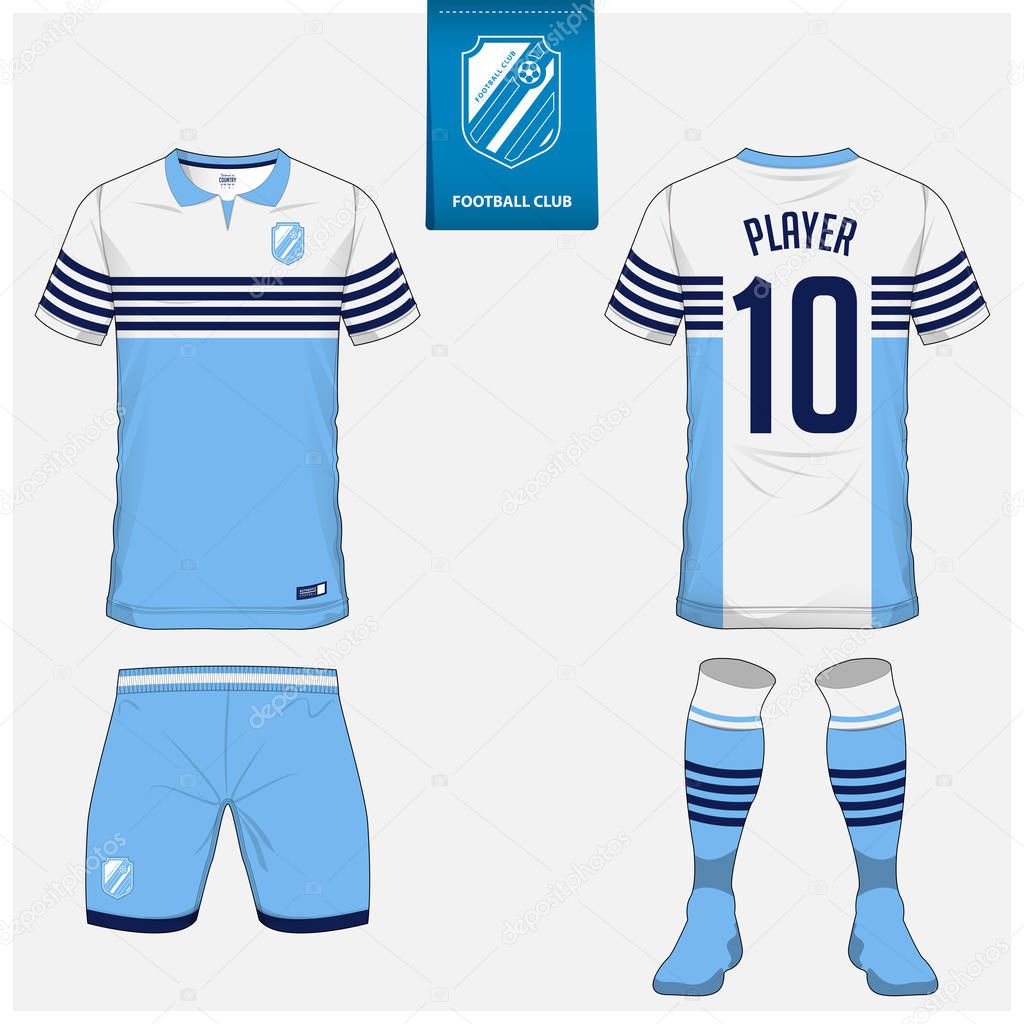 Soccer jersey or football kit, shorts, sock template design for sport club. Football t-shirt mock up. Front and back view soccer uniform. Flat football logo design on blue label. Vector Illustration.