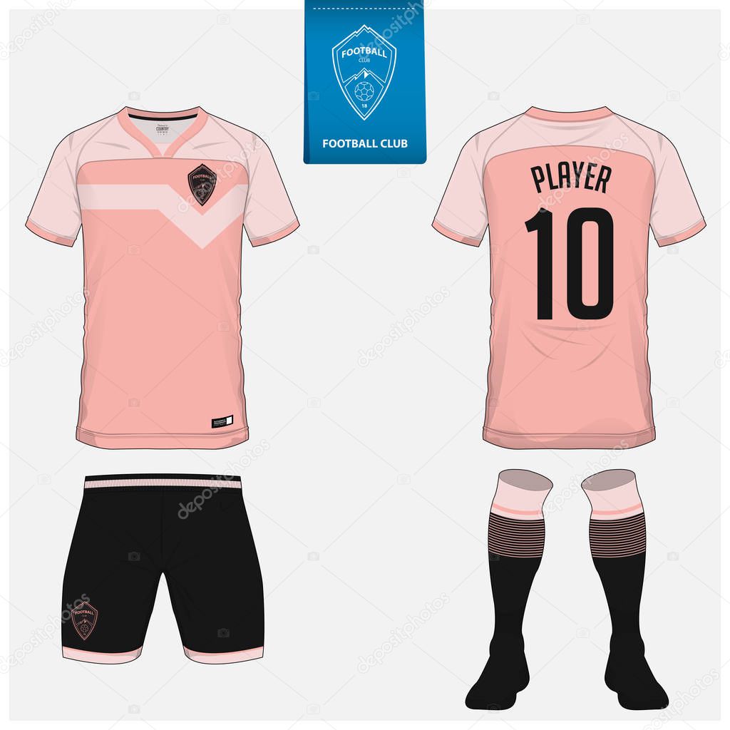 Soccer jersey or football kit, shorts, sock template design for sport club. Football t-shirt mock up. Front and back view soccer uniform. Flat football logo design on blue label. Vector Illustration.