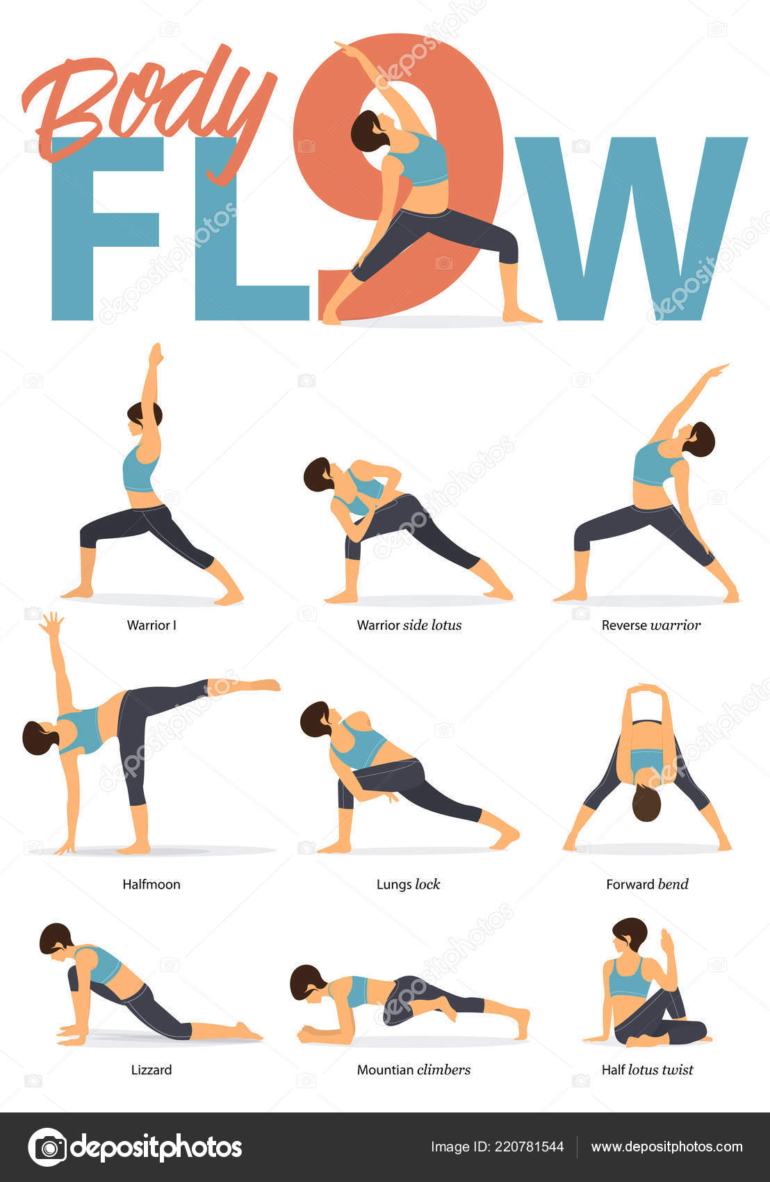 Set Yoga Postures Female Figures Infographic Yoga Poses Body Flow
