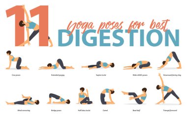 Yoga duruş kadın figürleri Infographic 11 Yoga poses için düz tasarım en iyi sindirim için set. Kadın figürleri pantolon mavi spor giyim ve siyah yoga egzersiz. Vektör çizim.