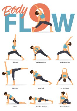 Yoga duruş kadın figürleri Infographic 9 Yoga poses için vücut akışında düz tasarım için set. Kadın figürleri pantolon mavi spor giyim ve siyah yoga egzersiz. Vektör çizim.