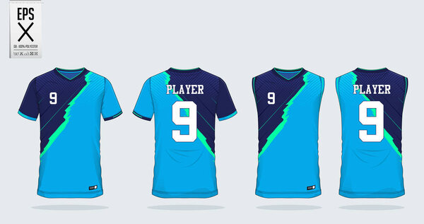 Blue t-shirt sport design template for soccer jersey, football kit and tank top for basketball jersey. Sport uniform in front and back view. Sport shirt mock up for sport club. Vector Illustration.