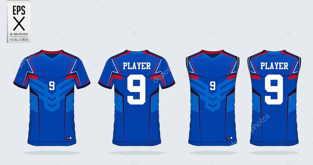 Blue t-shirt sport design template for soccer jersey, football kit and tank top for basketball jersey. Sport uniform in front and back view. Sport shirt mock up for sport club. Vector Illustration.