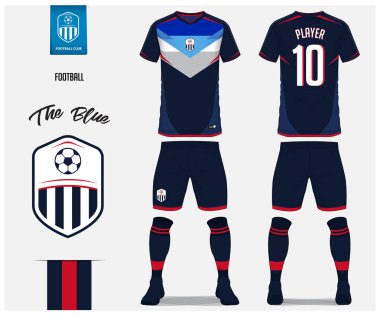Futbol jersey veya futbol takımı, şort, çorap, futbol kulübü için şablon tasarım. Spor t-shirt alay et. Ön ve arka futbol Tekdüzen görüntüleyin. Futbol logo tasarımı mavi etiket üzerinde düz. Vektör çizim.