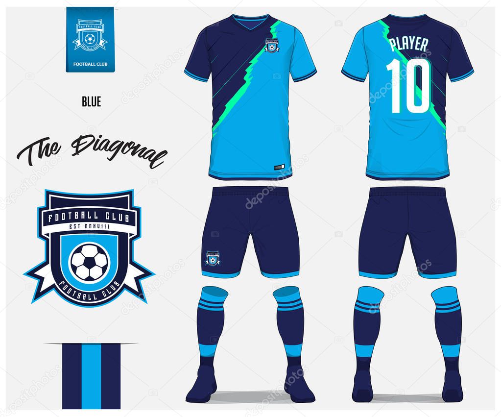 Soccer jersey or football kit, shorts, sock, template design for soccer club. Sport t-shirt mock up. Front and back view soccer uniform. Flat football logo design on blue label. Vector Illustration.