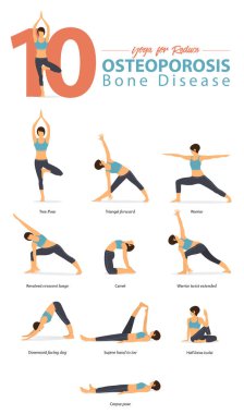 Yoga duruş kadın figürleri Infographic 10 Yoga poses için Osteoporoz için düz tasarımında set. Kadın figürleri pantolon mavi spor giyim ve siyah yoga egzersiz. Vektör çizim.