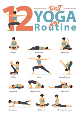 Yoga duruş kadın figürleri Infographic 12 Yoga poses için düz tasarım rutin egzersiz için set. Kadın figürleri pantolon mavi spor giyim ve siyah yoga egzersiz. Vektör çizim.