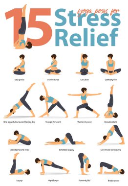Stres rahatlatmak için düz tasarımında Infographic 15 Yoga için yoga duruş kadın figürleri bir dizi teşkil etmektedir. Kadın figürleri pantolon mavi spor giyim ve siyah yoga egzersiz. Vektör çizim.