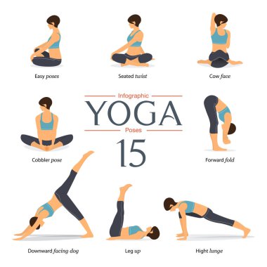 8 yoga teşkil etmektedir düz tasarım kümesi. Kadın figürleri mavi gömlek ve siyah yoga yoga infographics pantolon egzersiz. Vektör çizim.