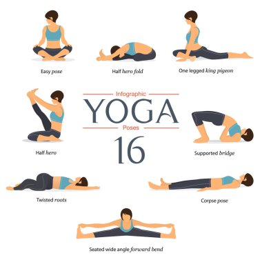 8 yoga teşkil etmektedir düz tasarım kümesi. Kadın figürleri mavi gömlek ve siyah yoga yoga infographics pantolon egzersiz. Vektör çizim.