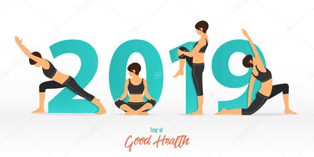 Happy New Year 2019 banner with yoga poses. Year of good health. Banner design template for New Year decoration in Yoga Concept. Vector illustration.