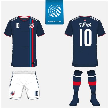 Futbol jersey veya futbol takımı, şort, çorap, futbol kulübü için şablon tasarım. Spor t-shirt alay et. Ön ve arka futbol Tekdüzen görüntüleyin. Futbol logo tasarımı mavi etiket üzerinde düz. Vektör çizim.