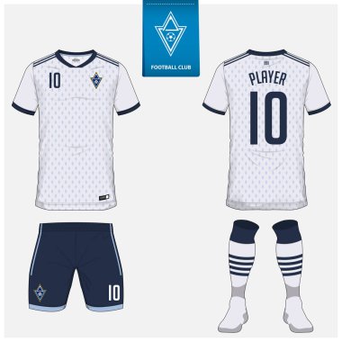 Futbol jersey veya futbol takımı, şort, çorap, futbol kulübü için şablon tasarım. Spor t-shirt alay et. Ön ve arka futbol Tekdüzen görüntüleyin. Futbol logo tasarımı mavi etiket üzerinde düz. Vektör çizim.
