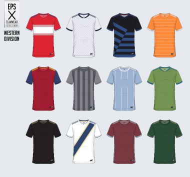 Futbol jersey veya futbol takımı, şort, çorap, futbol kulübü için şablon tasarım. Spor t-shirt alay et. Ön ve arka futbol Tekdüzen görüntüleyin. Futbol logo tasarımı mavi etiket üzerinde düz. Vektör çizim.