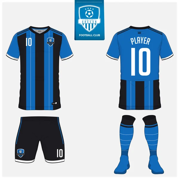 Conjunto de kit de futbol o plantilla de camiseta de futbol para club de futbol. Logo de futbol plano en etiqueta azul. Uniforme de futbol con vista frontal y trasera. Camisa de