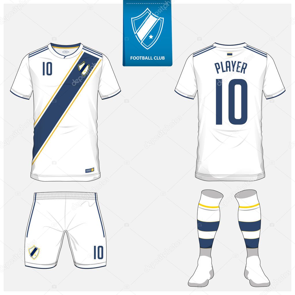 Soccer jersey or football kit, shorts, sock, template design for soccer club. Sport t-shirt mock up. Front and back view soccer uniform. Flat football logo design on blue label. Vector Illustration.