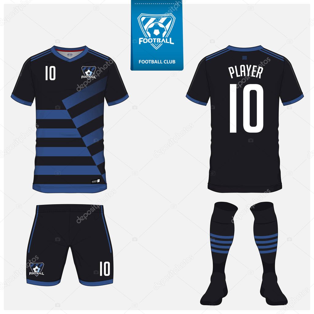 Soccer jersey or football kit, shorts, sock, template design for soccer club. Sport t-shirt mock up. Front and back view soccer uniform. Flat football logo design on blue label. Vector Illustration.