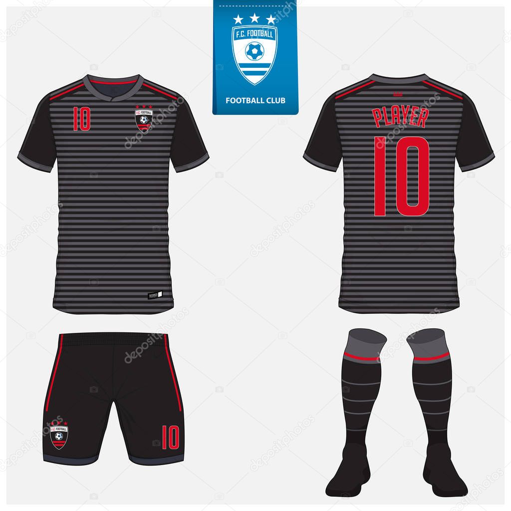 Soccer jersey or football kit, shorts, sock, template design for soccer club. Sport t-shirt mock up. Front and back view soccer uniform. Flat football logo design on blue label. Vector Illustration.