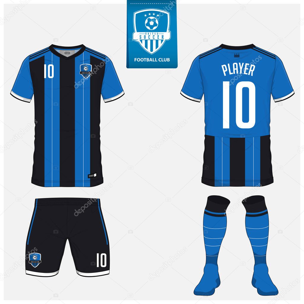 Soccer jersey or football kit, shorts, sock, template design for soccer club. Sport t-shirt mock up. Front and back view soccer uniform. Flat football logo design on blue label. Vector Illustration.