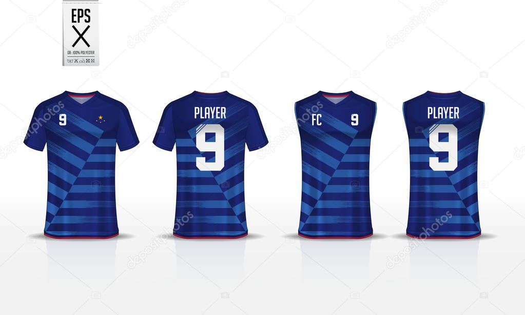 Blue stripe pattern t-shirt sport template design for soccer jersey, football kit and tank top for basketball jersey. Sport uniform in front and back view. Sport shirt mock up for sport club. Vector Illustration.