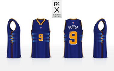 Basketbol basketbol kulübü için tek tip şablon tasarım. Kolsuz tişört mockup basketbol forması için. Önden görünüm, arkadan görünüm ve yan görünümü basketbol forması. Vektör çizim.